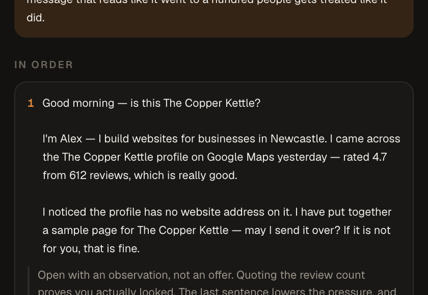 The Messages screen in the SiteFrenz panel: a WhatsApp message already carrying the business name, with the reason for each line beneath it