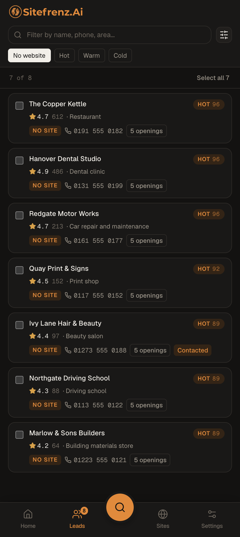 The SiteFrenz lead list, with a score and a phone number on every row