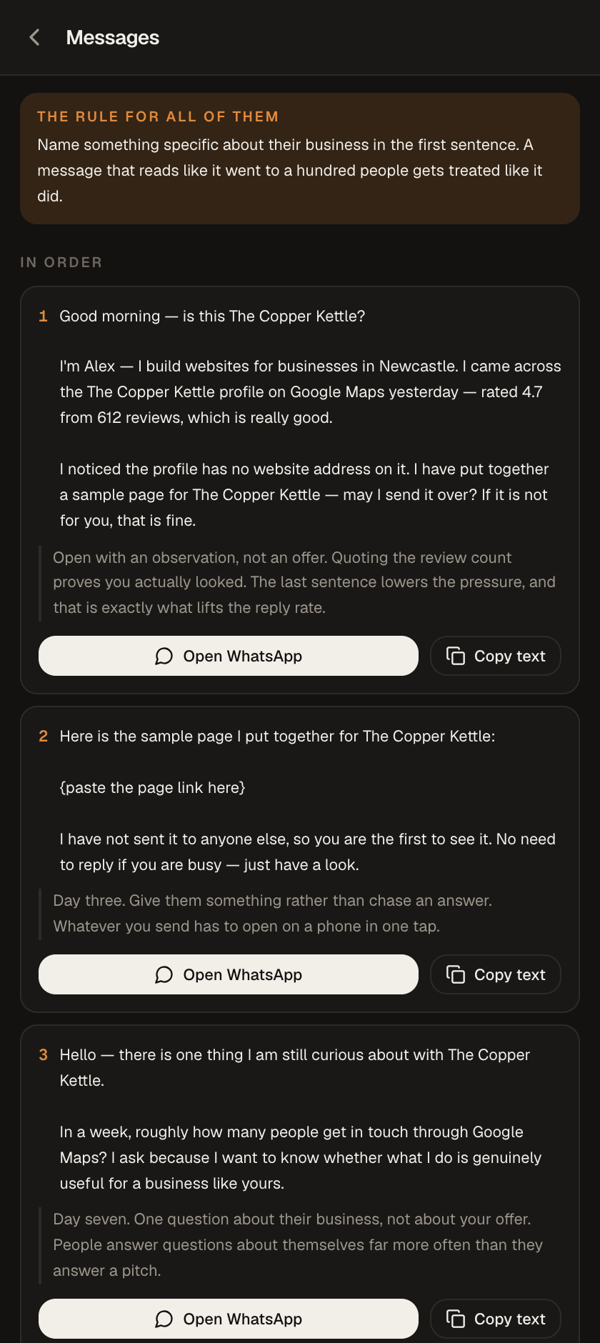 The Messages screen in the SiteFrenz panel, with a WhatsApp message already carrying the business name and the page link