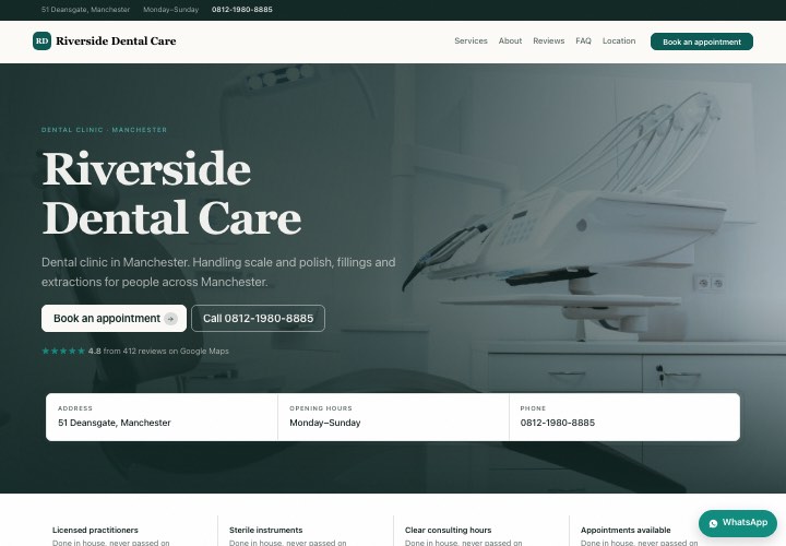 Example page for Riverside Dental Care using the Trusted clinic design