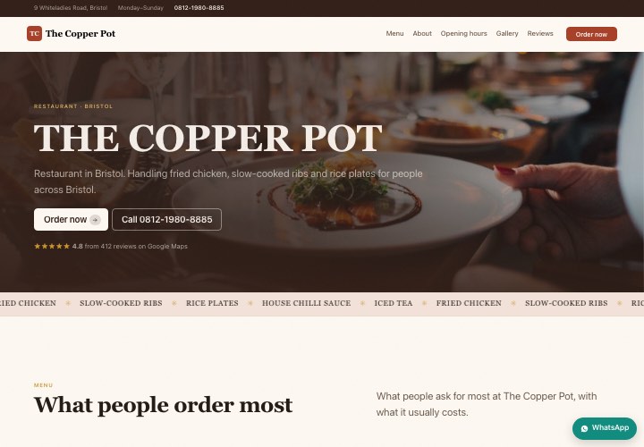 Example page for The Copper Pot using the Dark service design