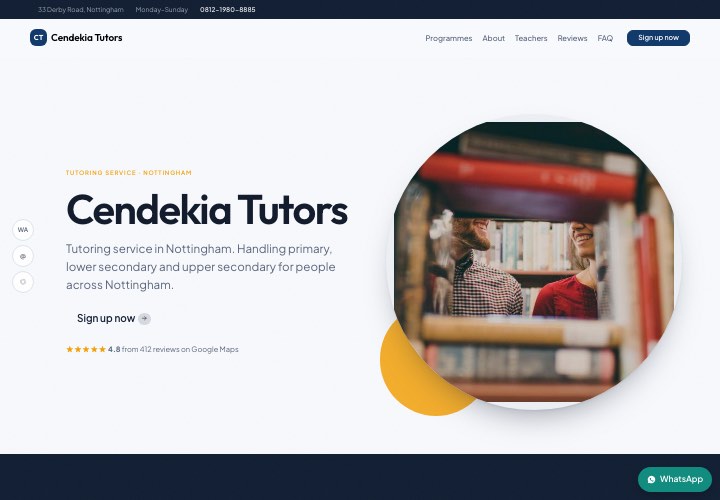 Example page for Cendekia Tutors using the Person up front design
