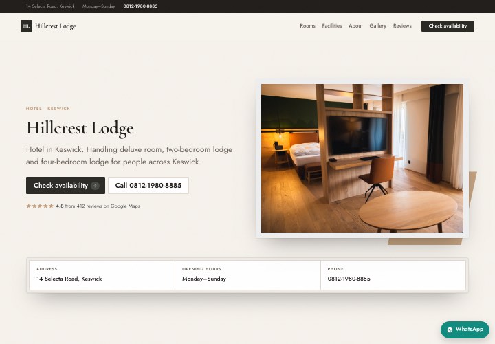 Example page for Hillcrest Lodge using the Price first design