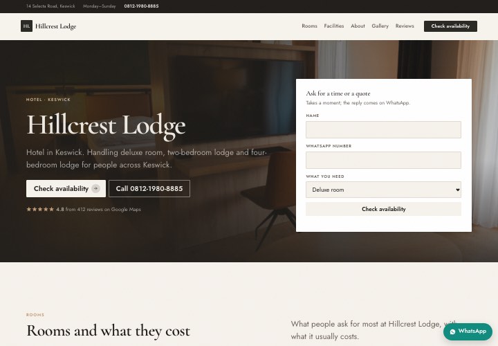 Example page for Hillcrest Lodge using the Form in the hero design