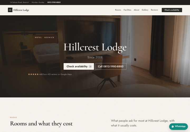 Example page for Hillcrest Lodge using the Quiet stay design
