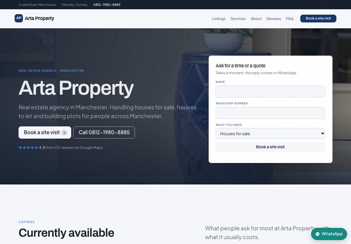 Example page for Arta Property using the Form in the hero design