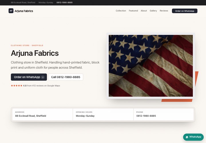 Example page for Arjuna Fabrics using the Price first design