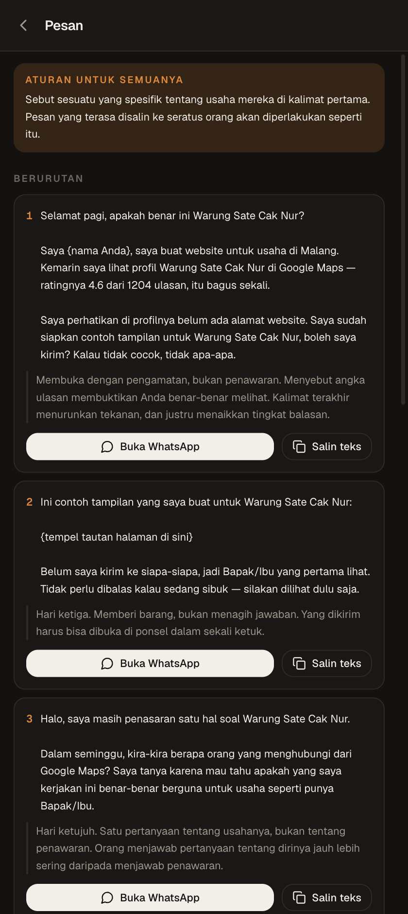 Layar pesan WhatsApp di panel SiteFrenz, sudah terisi nama dan data usahanya dan tinggal dikirim