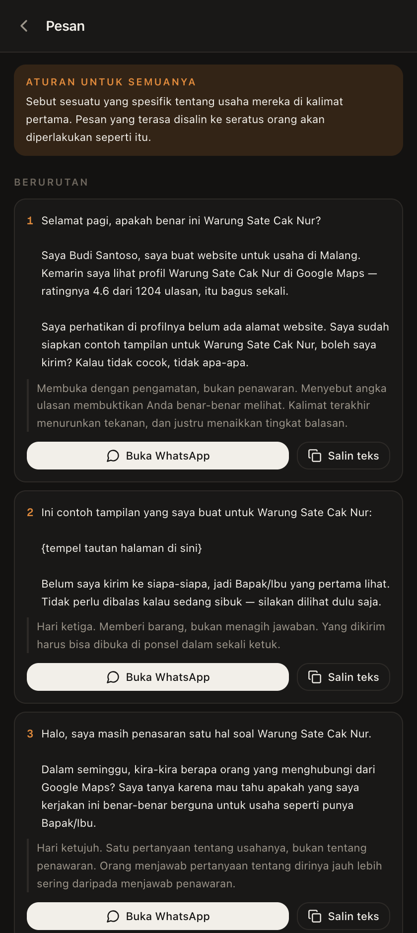 Layar Pesan di panel SiteFrenz dengan pesan WhatsApp yang sudah terisi nama usaha dan tautan halamannya