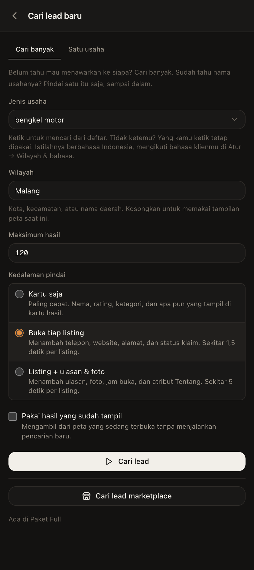 Layar pencarian SiteFrenz dengan kolom jenis usaha, wilayah, dan pilihan kedalaman pindaian