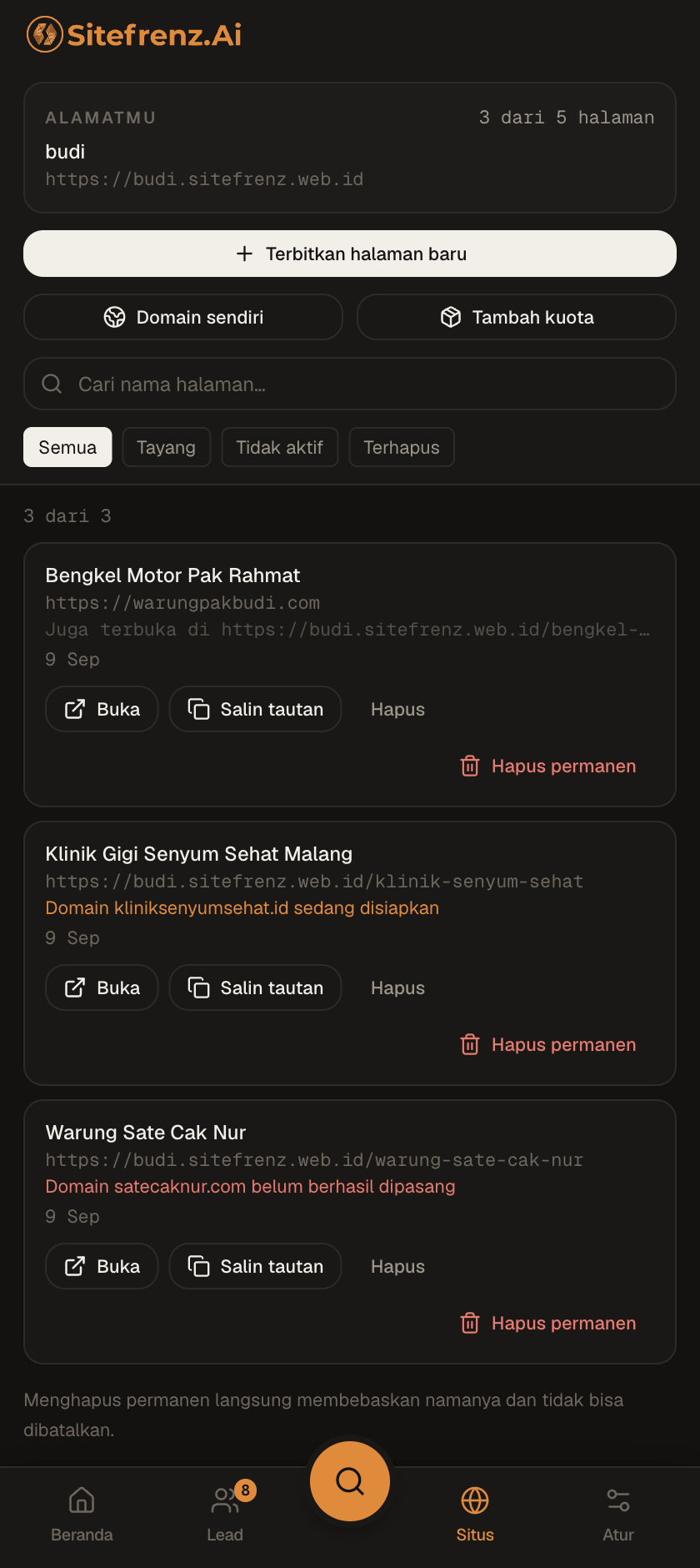 Layar Situs di panel SiteFrenz: alamat budi.sitefrenz.web.id dan daftar halaman yang sudah tayang