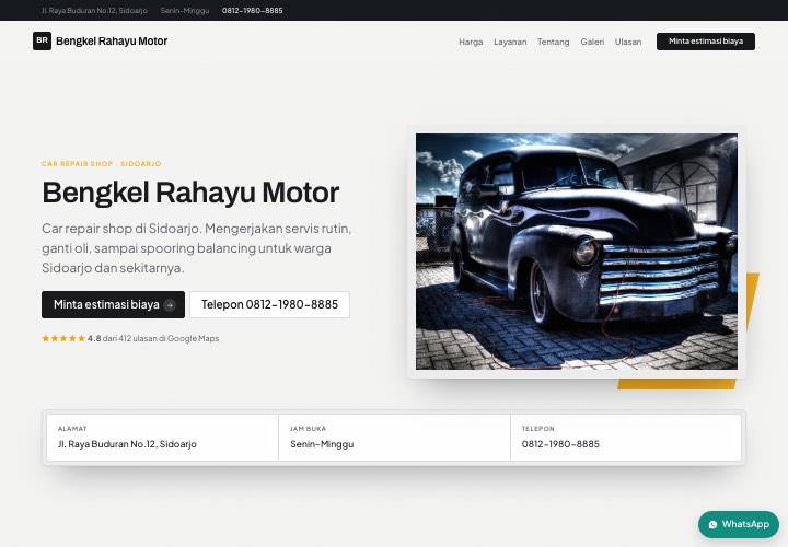 Contoh halaman Bengkel Rahayu Motor dengan rancangan Etalase harga