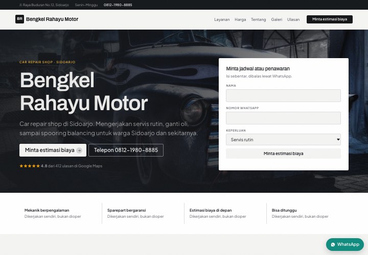 Contoh halaman Bengkel Rahayu Motor dengan rancangan Formulir di hero
