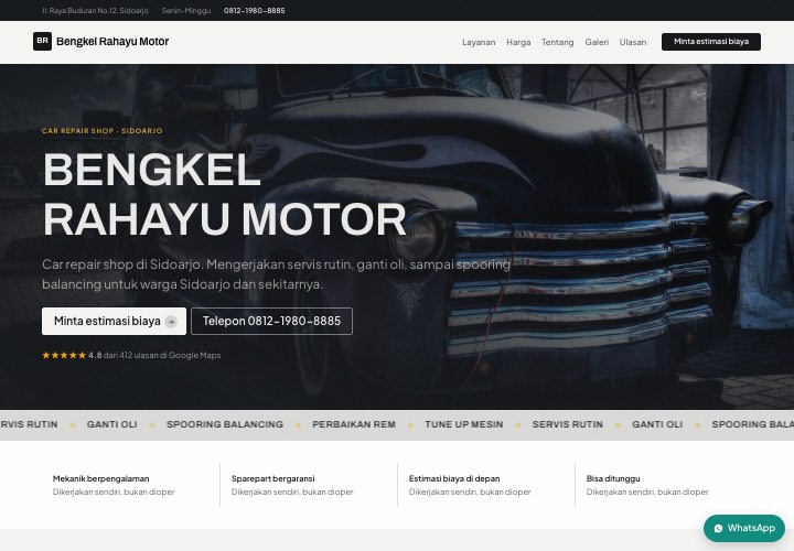 Contoh halaman Bengkel Rahayu Motor dengan rancangan Panggung gelap