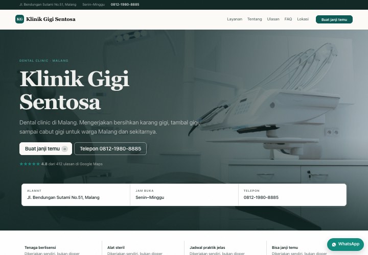 Contoh halaman Klinik Gigi Sentosa dengan rancangan Klinik tepercaya