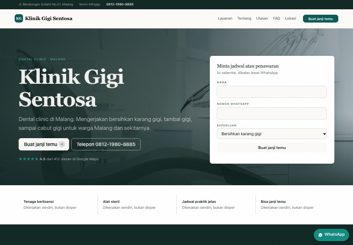 Contoh halaman Klinik Gigi Sentosa dengan rancangan Formulir di hero