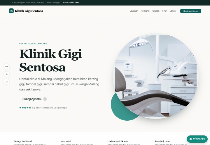 Contoh halaman Klinik Gigi Sentosa dengan rancangan Sosok di depan