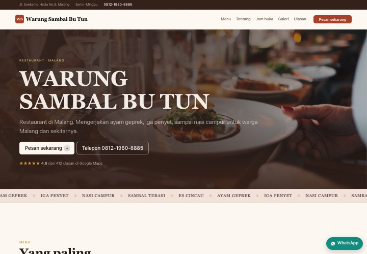 Contoh halaman Warung Sambal Bu Tun dengan rancangan Sajian gelap