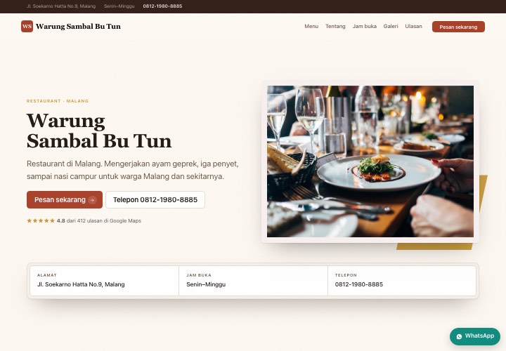 Contoh halaman Warung Sambal Bu Tun dengan rancangan Etalase harga