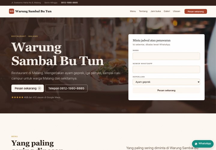 Contoh halaman Warung Sambal Bu Tun dengan rancangan Formulir di hero