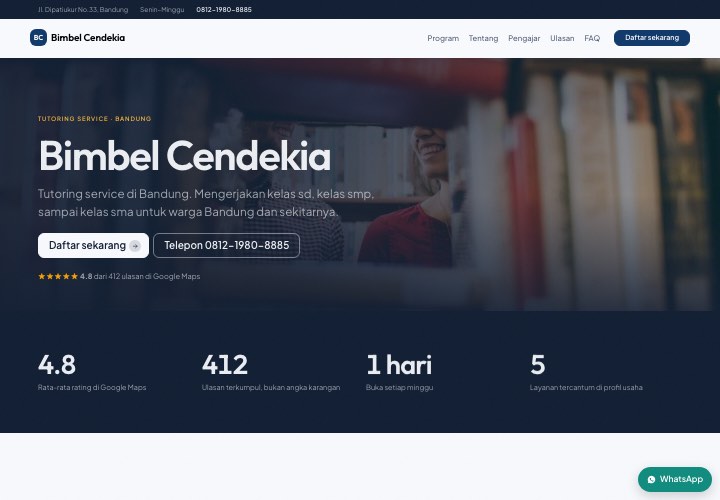 Contoh halaman Bimbel Cendekia dengan rancangan Lembaga jelas