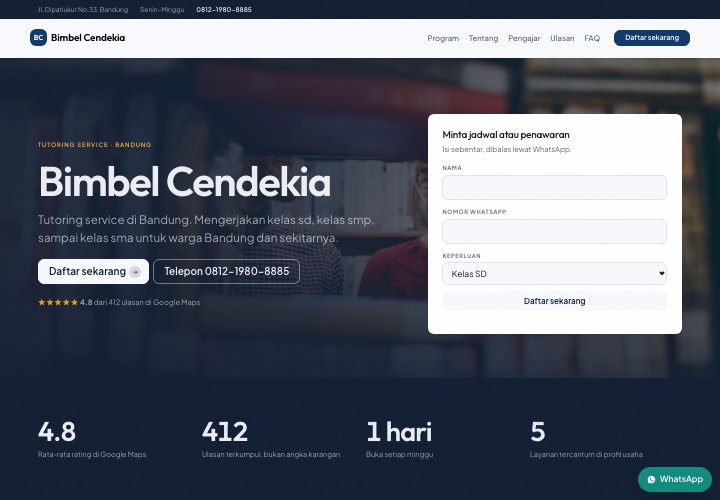 Contoh halaman Bimbel Cendekia dengan rancangan Formulir di hero