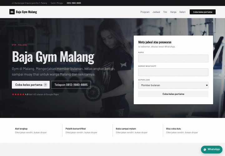Contoh halaman Baja Gym Malang dengan rancangan Formulir di hero