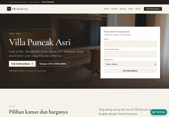 Contoh halaman Villa Puncak Asri dengan rancangan Formulir di hero