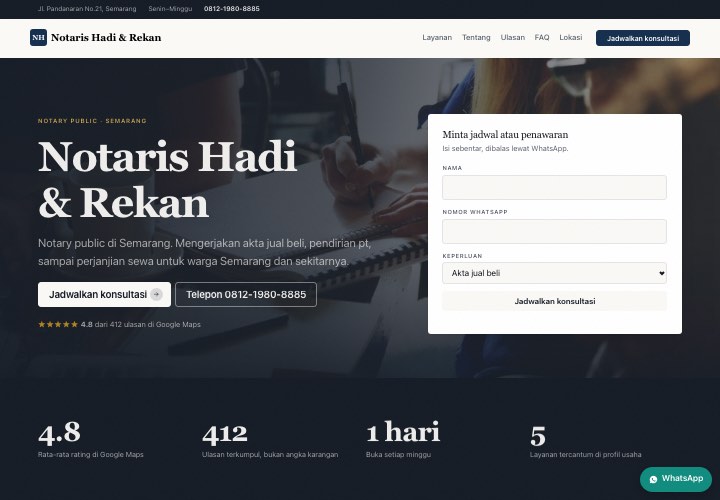 Contoh halaman Notaris Hadi & Rekan dengan rancangan Formulir di hero