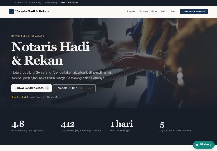Contoh halaman Notaris Hadi & Rekan dengan rancangan Kantor mapan