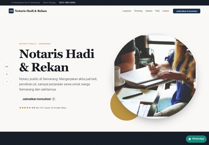 Contoh halaman Notaris Hadi & Rekan dengan rancangan Sosok di depan