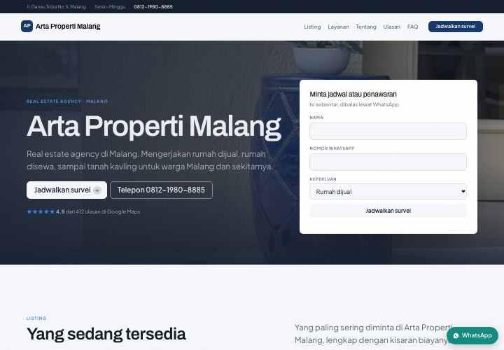 Contoh halaman Arta Properti Malang dengan rancangan Formulir di hero