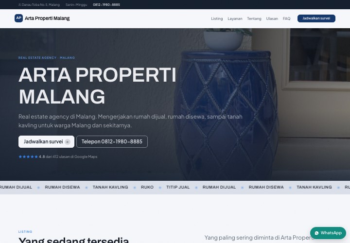Contoh halaman Arta Properti Malang dengan rancangan Panggung gelap