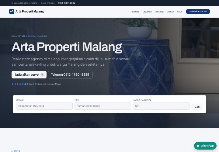 Contoh halaman Arta Properti Malang dengan rancangan Properti tercari