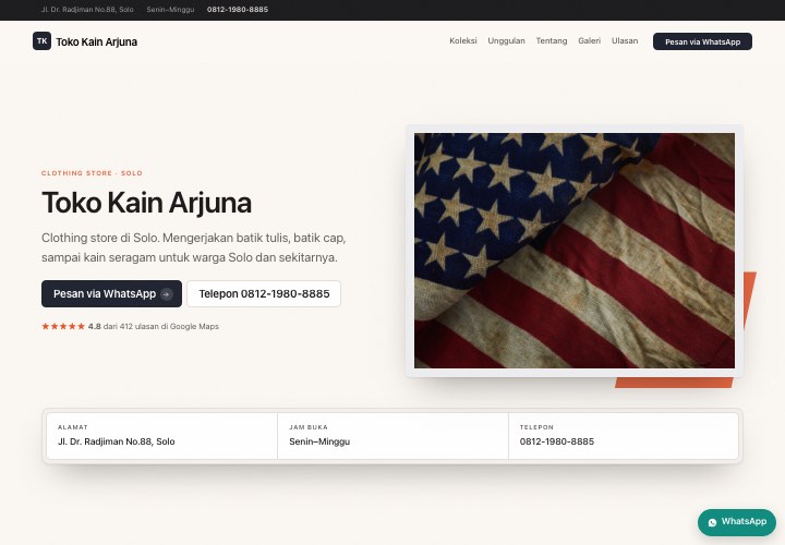 Contoh halaman Toko Kain Arjuna dengan rancangan Etalase harga
