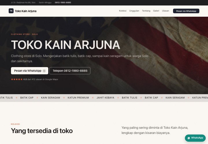 Contoh halaman Toko Kain Arjuna dengan rancangan Panggung gelap